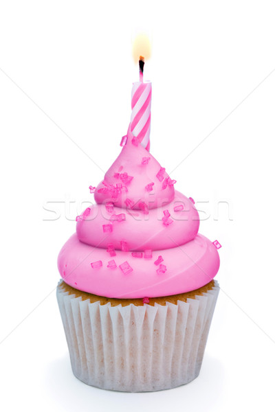 Születésnap minitorta rózsaszín díszített gyertya fehér Stock fotó © RuthBlack