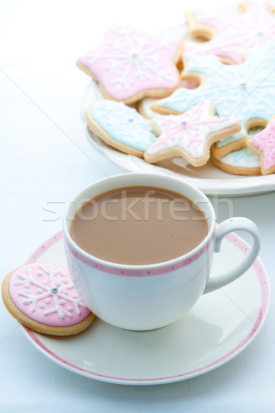 Snowflake cookie serwowane herbaty kawy żywności Zdjęcia stock © RuthBlack