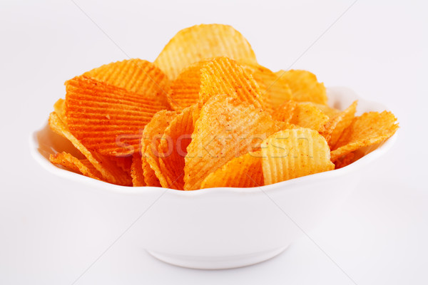 Foto stock: Batatas · fritas · tigela · branco · isolado · cinza · grupo