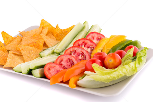 Foto stock: Nachos · hortalizas · aislado · blanco · fondo · verde