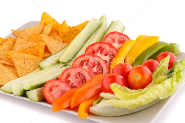 Foto stock: Nachos · legumes · isolado · branco · fundo · verde