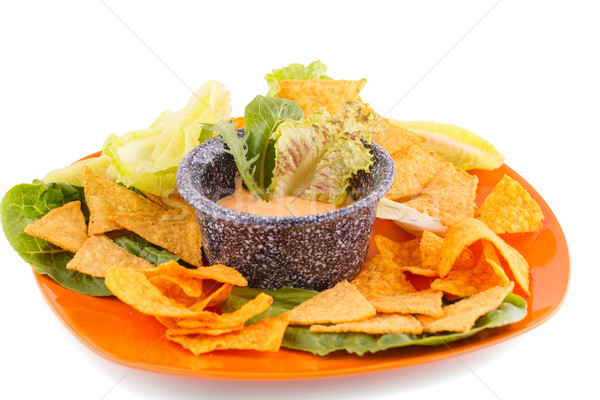 Stok fotoğraf: Nachos · peynir · sos · marul · yalıtılmış · beyaz