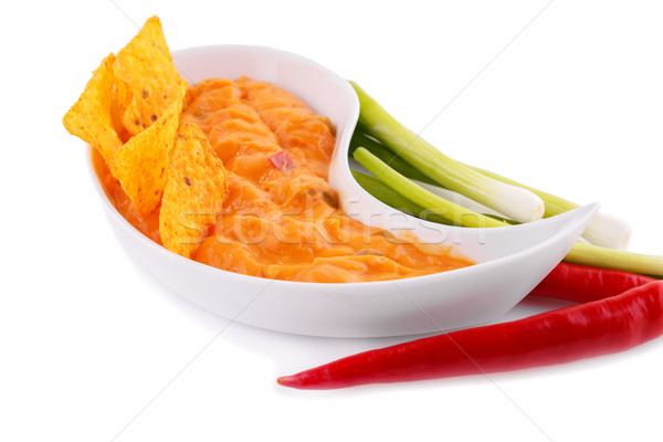 Stock fotó: Nachos · sajt · mártás · zöldségek · izolált · fehér