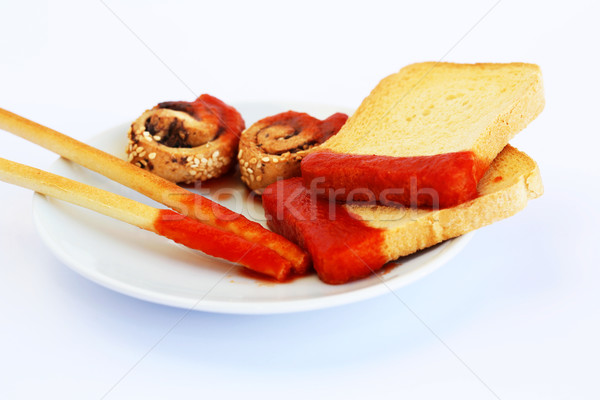 Stock photo: Rusks with sesame seeds, bread sticks and sauce