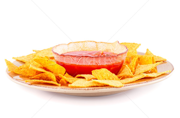 Foto stock: Nachos · rojo · salsa · placa · aislado · blanco