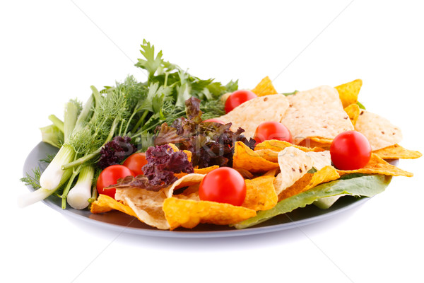 Stockfoto: Nachos · kers · sla · kruiden · plaat · witte