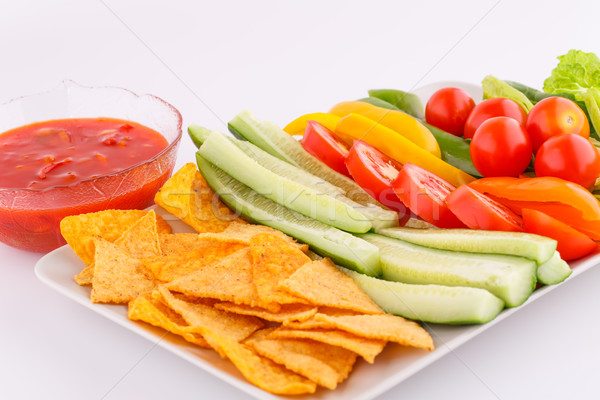 Stock foto: Nachos · Gemüse · rot · Sauce · Käse · isoliert