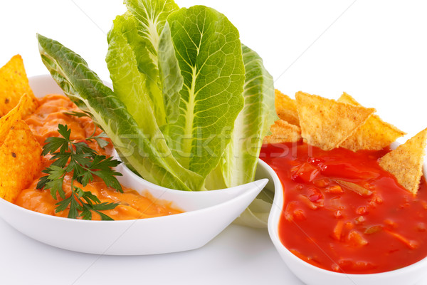 Nachos sajt piros mártás zöldségek izolált Stock fotó © ruzanna