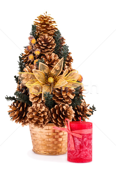 ストックフォト: クリスマスツリー · キャンドル · 装飾 · 赤 · 孤立した · 白
