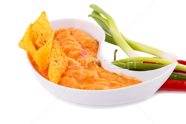 Foto stock: Nachos · queso · salsa · hortalizas · aislado · blanco