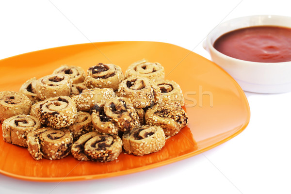 Stock photo: Rusks with sesame seeds, olives and sauce