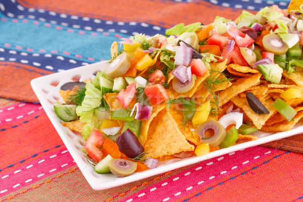 Foto stock: Nachos · legumes · prato · colorido · toalhas · laranja