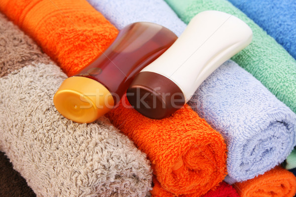 [[stock_photo]]: Serviettes · shampooing · bouteilles · coloré · plage · orange