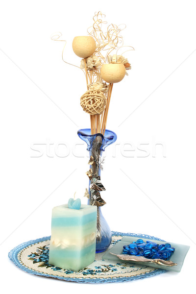 Blue flower vase, candle, table overlay Stock photo © ruzanna