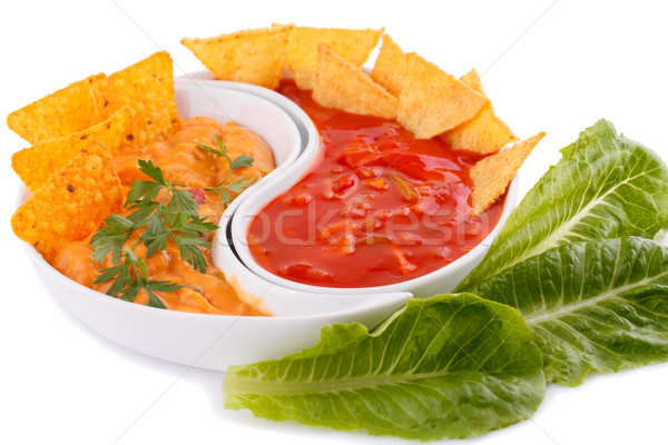 Stock fotó: Nachos · sajt · piros · mártás · zöldségek · izolált