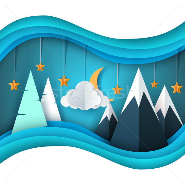 Winter cartoon paper landscape. Merry christmas, happy new year. Fir, moon, cloud, star, mountain, s Stock photo © rwgusev