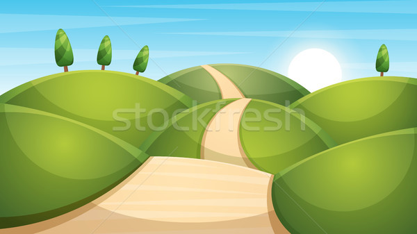 Stockfoto: Cartoon · landschap · illustratie · zon · wolk · berg