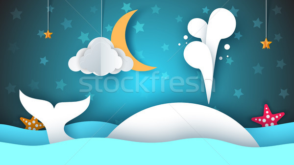 Whale, sea, star, sky, moon - paper cartoon illustration. Stock photo © rwgusev