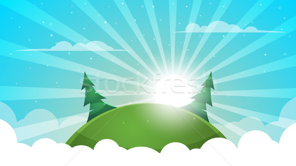 Cartoon landscape - abstract illustration. Sun, ray, glare, hill, fir, cloud. Stock photo © rwgusev