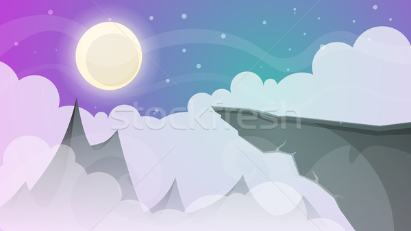 [[stock_photo]]: Cartoon · nuit · paysage · comète · lune · montagnes