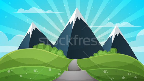 Cartoon landscape - abstract illustration. Sun, ray, glare, hill, cloud, mountain. Stock photo © rwgusev