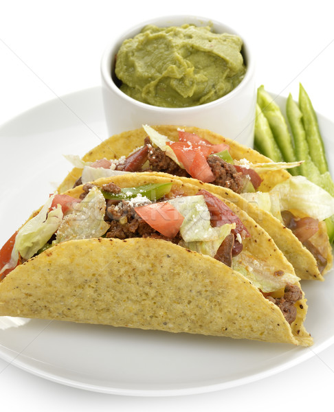 Rindfleisch Tacos Gemüse Avocado Sauce Käse Stock foto © saddako2