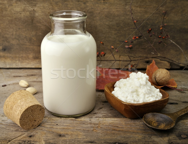 Milch Hüttenkäse Frischmilch Holz Essen Blatt Stock foto © saddako2