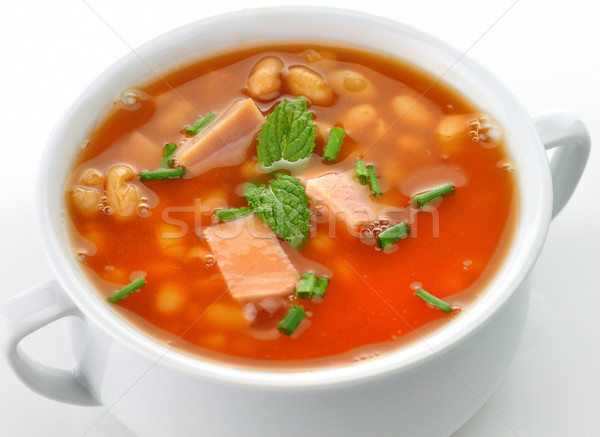 Foto d'archivio: Bianco · minestra · di · fagioli · prosciutto · pomodori · zuppa · Cup