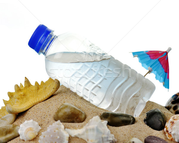 Flasche Wasserflasche kalten Wasser Muscheln Sand Stock foto © saddako2