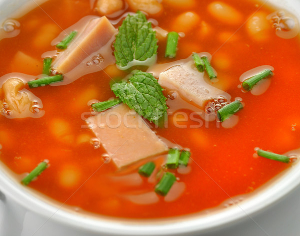 Bianco minestra di fagioli prosciutto pomodori zuppa Cup Foto d'archivio © saddako2
