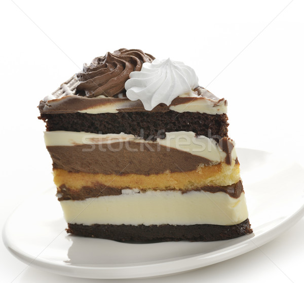 Sötét fehér csokoládés sütemény tányér krém örvény Stock fotó © saddako2