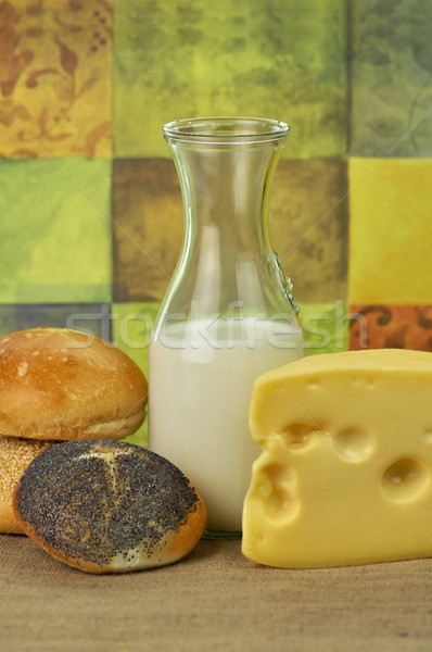 milk bottle , cheese and fresh rolls Stock photo © saddako2