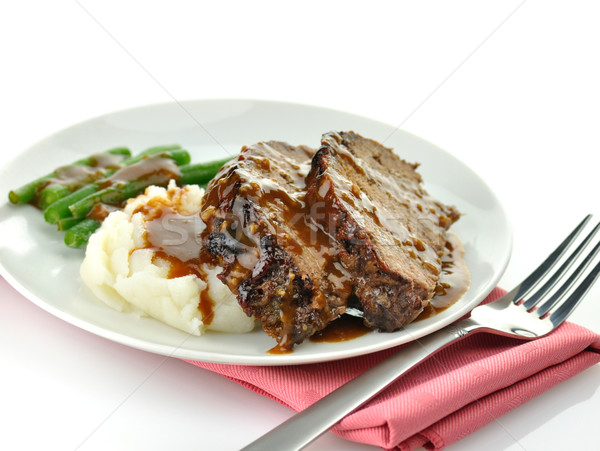Stockfoto: Vlees · brood · groene · bonen · diner · plaat