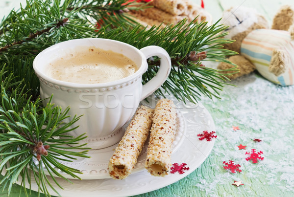 Christmas koffiekopje koffie cookies tabel ideeën Stockfoto © saharosa