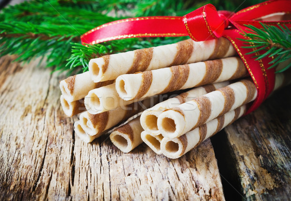 Noël cookies rayé ruban vieux bois Photo stock © saharosa