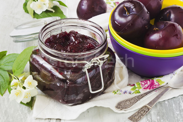 Prune confiture jar fraîches régime alimentaire Photo stock © saharosa