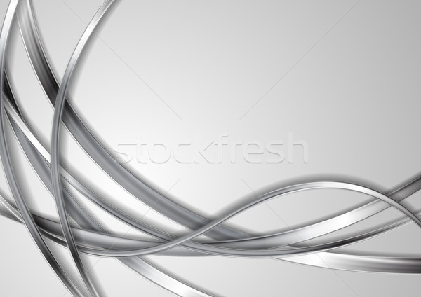 Stock photo: Metallic silver abstract waves on grey background