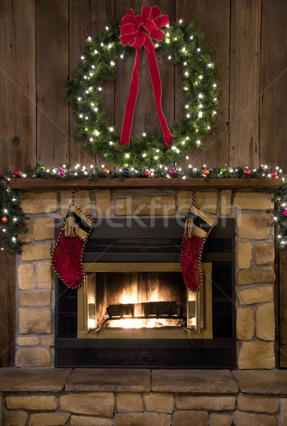 Karácsony kandalló koszorú zokni kettő akasztás Stock fotó © saje