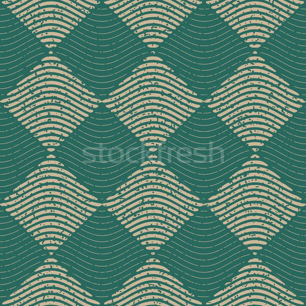 Stock photo: Vector Seamless Green Grey Color Hand Drawn Wavy Lines Rhombus Checker Retro Pattern