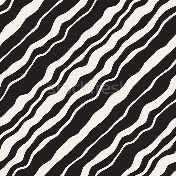 Vector Seamless Black and White Hand Drawn Diagonal Wavy Lines Pattern Stock photo © Samolevsky