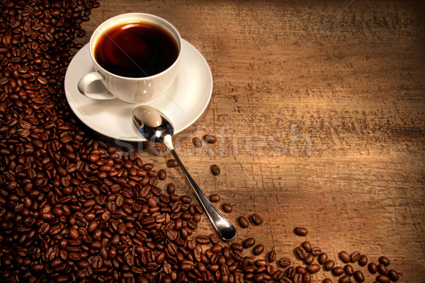Stock foto: Weiß · Kaffeetasse · Bohnen · rustikal · Tabelle · Holztisch