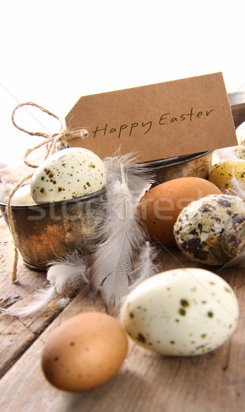 Brown speckled eggs  with easter card Stock photo © Sandralise