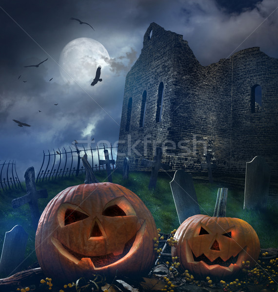 Pumpkins in graveyard with church ruins Stock photo © Sandralise