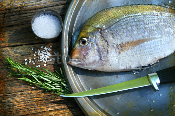 Ryb gotowania sól morska zioła obiedzie Zdjęcia stock © Sandralise