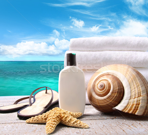 Sunblock lotion and towels and ocean scene Stock photo © Sandralise
