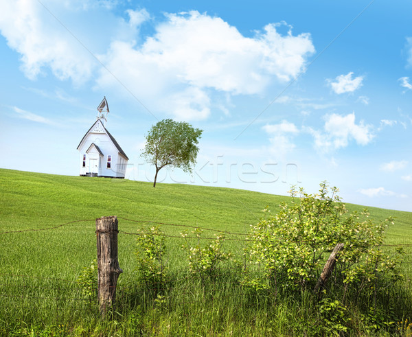 Foto stock: Velho · país · escolas · casa · colina · blue · sky