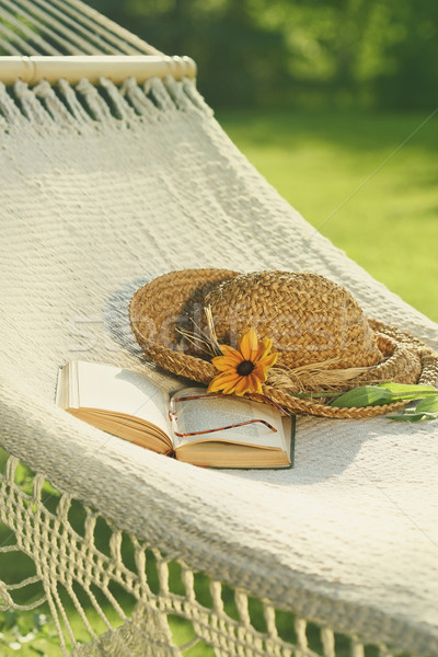Straw hat and book on lace hammock Stock photo © Sandralise