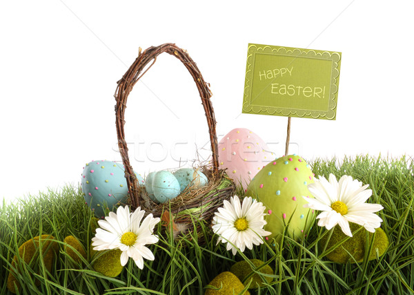 Ouă de Paşti coş iarbă Paşti primăvară proiect Imagine de stoc © Sandralise