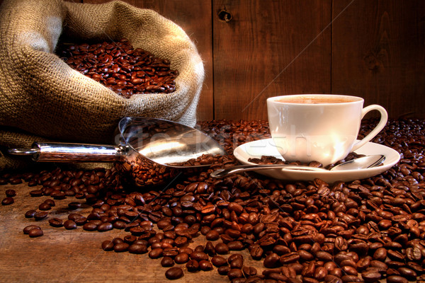 Kaffeetasse Sackleinen Sack Bohnen rustikal Stock foto © Sandralise