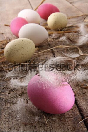 Ouă de Paşti pană masa de lemn vechi Paşti alimente Imagine de stoc © Sandralise